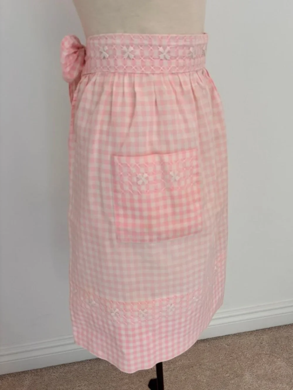 Vintage Pink Gingham Half Apron One Pocket White Cross Stitch Trim Handmade